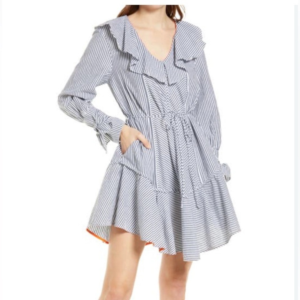 French Connection Long Sleeve Striped Dress in Blue and White